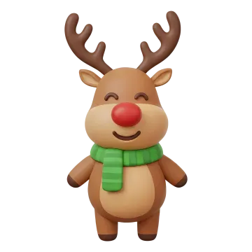 a reindeer with a green scarf and red nose