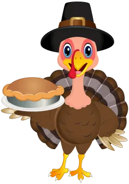 a turkey wearing a pilgrim hat and holding a pie
