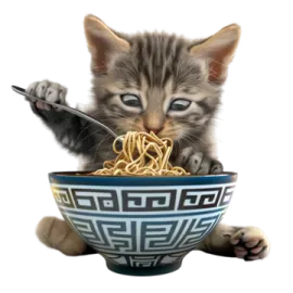 a kitten eating from a bowl of noodles