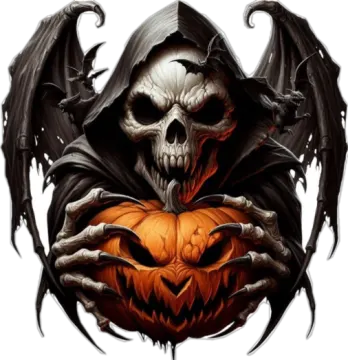 a skull with a pumpkin in its mouth