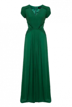 a green dress with an open back and pleaed shoulders