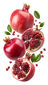 a bunch of pomeas with leaves on top
