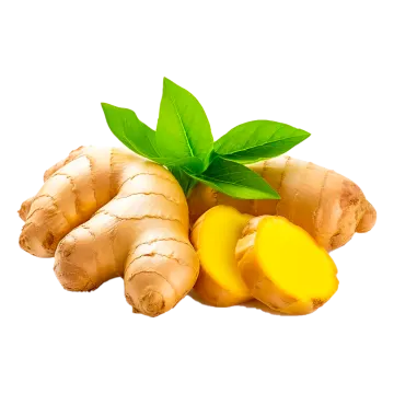 a bunch of ginger root with a green leaf
