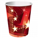 a red paper cup with gold stars on it