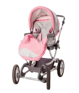 the baby stroller is pink and grey