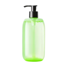 a green liquid bottle on a white background
