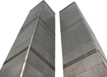 two tall buildings with a white sky background