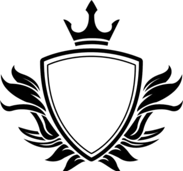 a black and white shield with flames around it