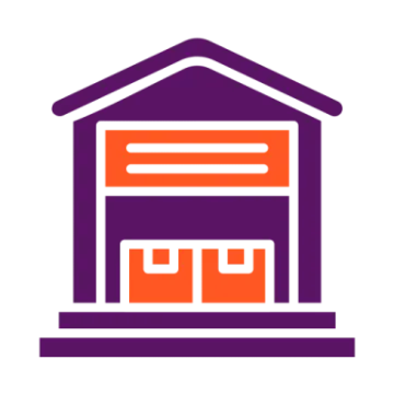 a purple and orange icon of a garage