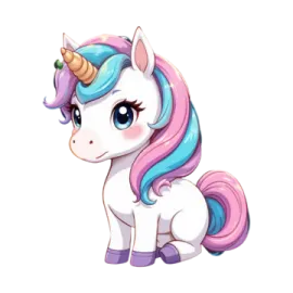 a cartoon unicorn with a pink mane and blue eyes