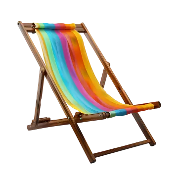a wooden deck chair with a rainbow colored stripe