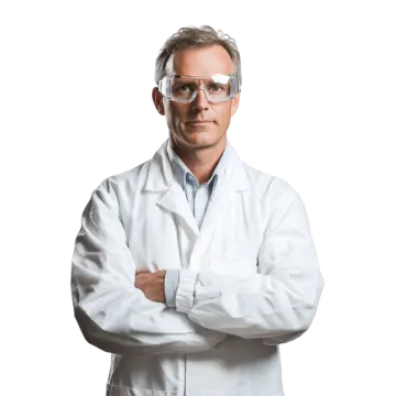 a man wearing a white lab coat and goggles