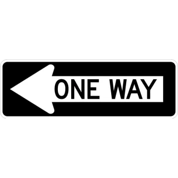 a one way sign with an arrow pointing left