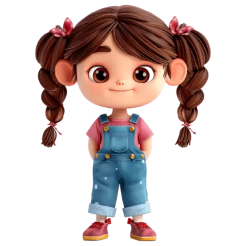 a little girl with brown hair and blue overalls, standing in front of a white background
