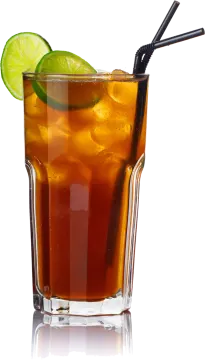a glass with a drink and a straw
