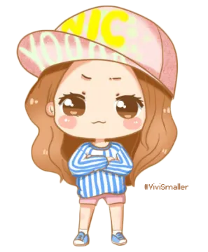 a girl with brown hair wearing a blue and white striped shirt and pink hat