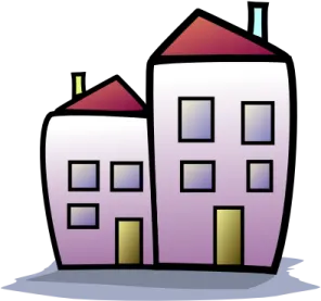 a drawing of two buildings on a white background