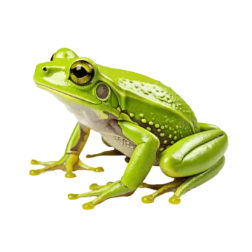 a green frog sitting on top of a white surface
