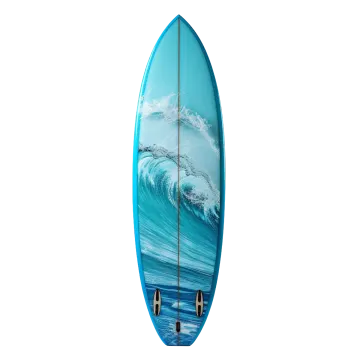 a surfboard with a large wave in the background