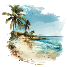 a watercolor painting of a beach with palm trees