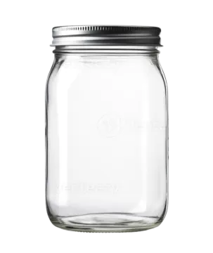 a glass jar with a black lid