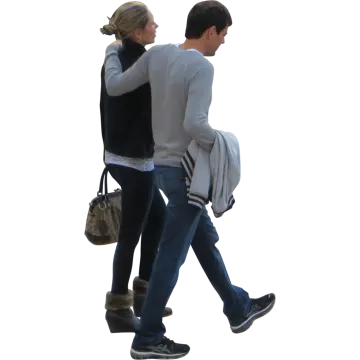 a man and woman walking together on a white background