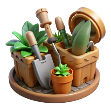 a small planter with gardening tools in it