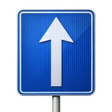 a blue road sign with an arrow on it