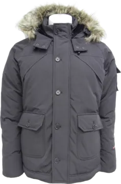 a black parka jacket with a fur hood