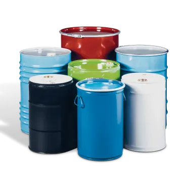 a group of different colored plastic barrels