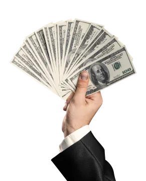 a man in a suit holding a bunch of money