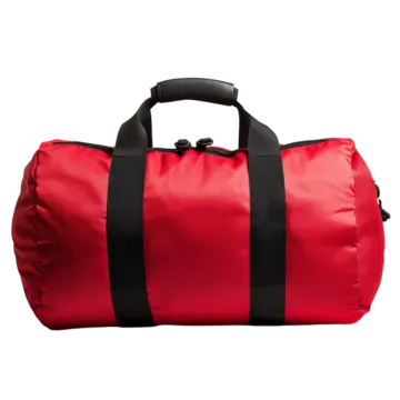 a red duff bag with black straps