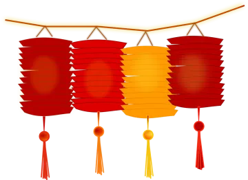 three red and yellow lanterns hanging from a tree branch