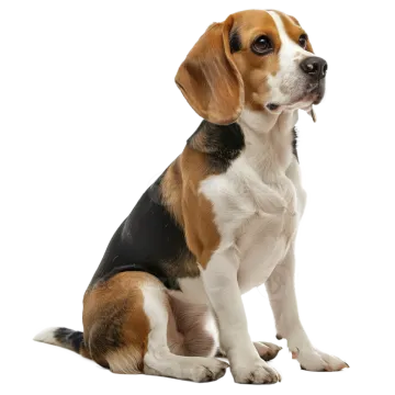 a brown and white dog sitting on a white background