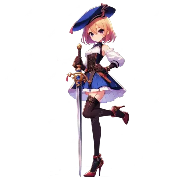 a woman in a blue dress and hat holding a sword