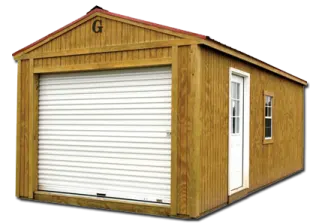 a wooden garage with white siding and red roof