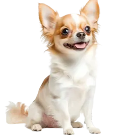 a small dog sitting down with its tongue out