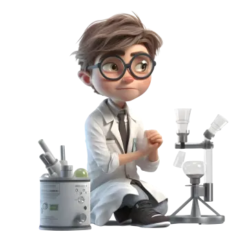 a cartoon scientist sitting on the floor next to a microscope