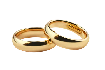 two gold wedding rings on white background