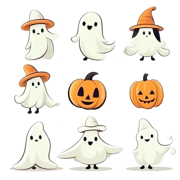 a set of halloween ghosts and pumpkins