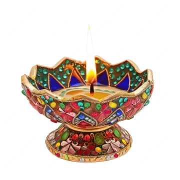 a colorfully decorated oil lamp on white background