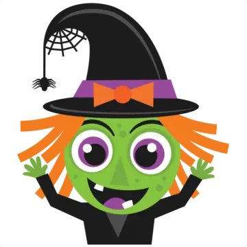 a green witch with a black hat and orange hair