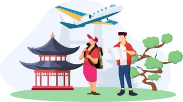 a man and woman standing in front of a pagoda with an airplane flying overhead