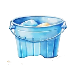 a blue plastic bucket filled with sand