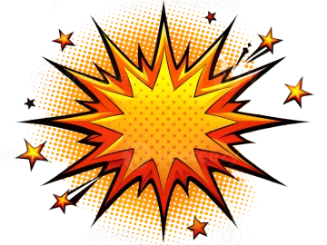 a yellow and red explosion with stars