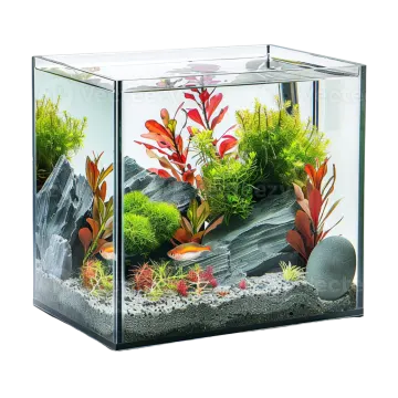 a fish tank filled with plants and rocks