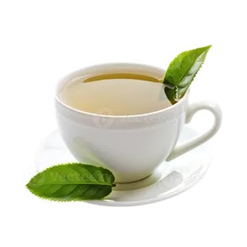 a cup of tea with green leaves on it