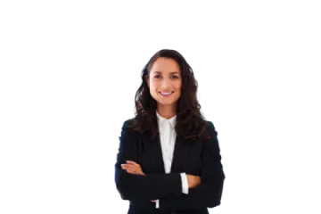 a woman in a suit standing with her arms crossed
