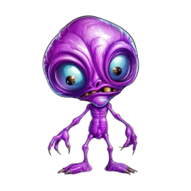 a purple alien with big eyes