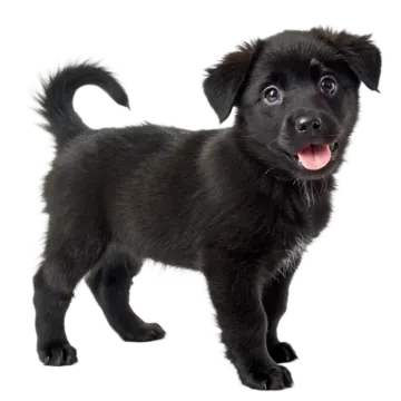 a small black puppy standing on a white background